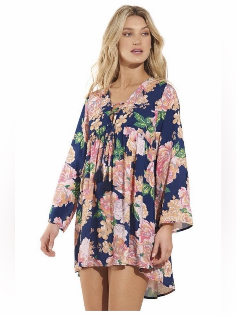 MAAJI PEONY HELENA TUNIC MINI DRESS BELL SLEEVES FLORAL SWIM COVER M NWT